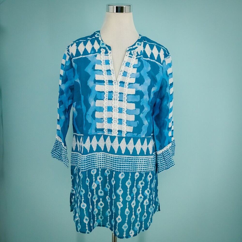 Soft Surroundings Size Medium M Lusi Blue Ikat Print 3/4 Sleeve Cotton Tunic Top
